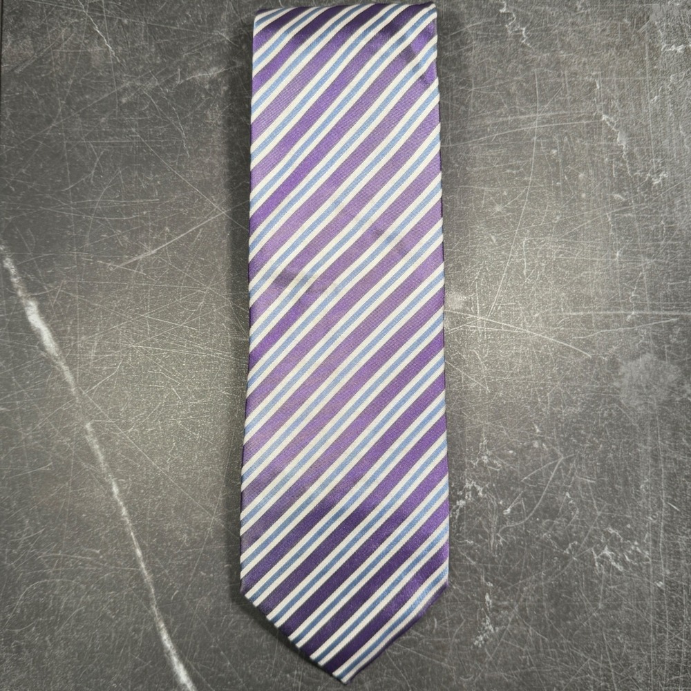 Mens Tie | Hugo Boss | Purple Blue White Diagonal Stripe Silk Made in Italy